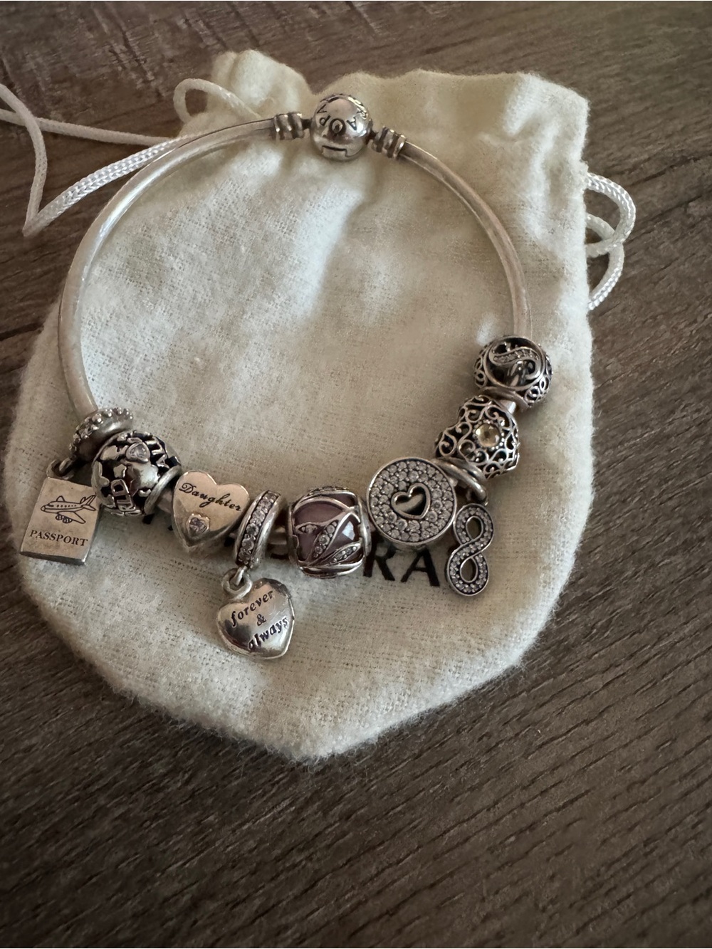 Pandora Silver Charm Bracelet with Heart, Infinity and Travel Charms